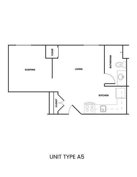 Floor plan for 1 bed, 1 bath, 388 sqft